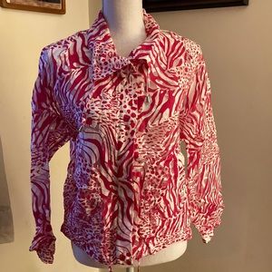 Chico’s Zip Up Sheer Pink and White Animal Print Jacket